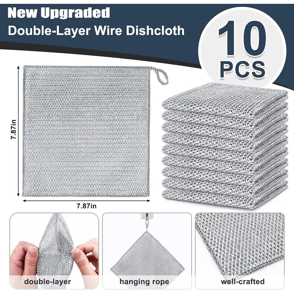 10 Pack Enhanced Steel Wire Dish Scrubbers, Double Layered, Non-Scratch Cleaning for Pots, Pans, Dishes, and Kitchen Surfaces